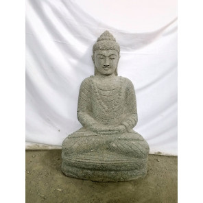 Statue jardin zen exterieur bouddha assis pierre volcanique collier 80 cm