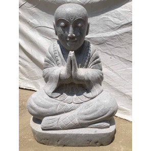 Statue moine shaolin assis en pierre de lave jardin 50 cm