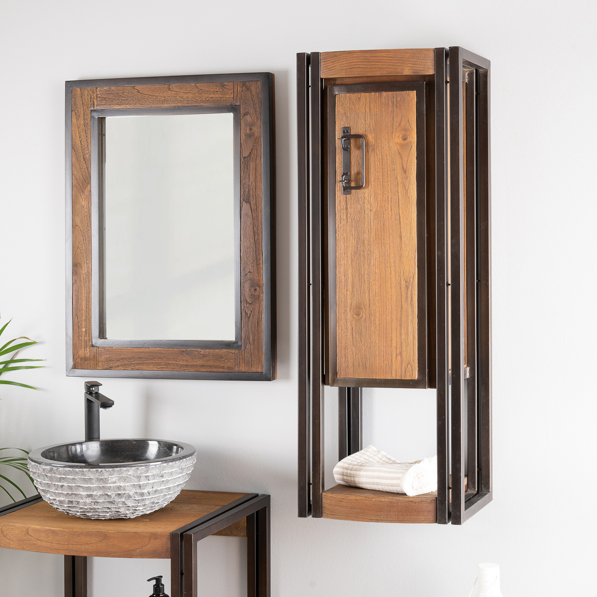 Colonne salle de bain industrielle en bois et métal noir – DETROIT