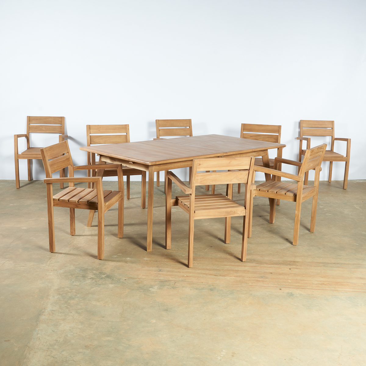 Table de jardin rectangulaire teck + 8 chaises avec accoudoirs