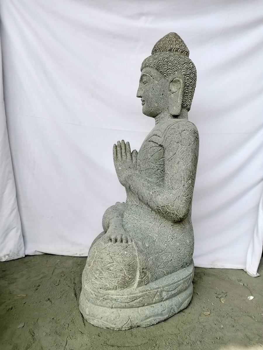Statue jardin extérieur bouddha pierre volcanique position priere 1 m