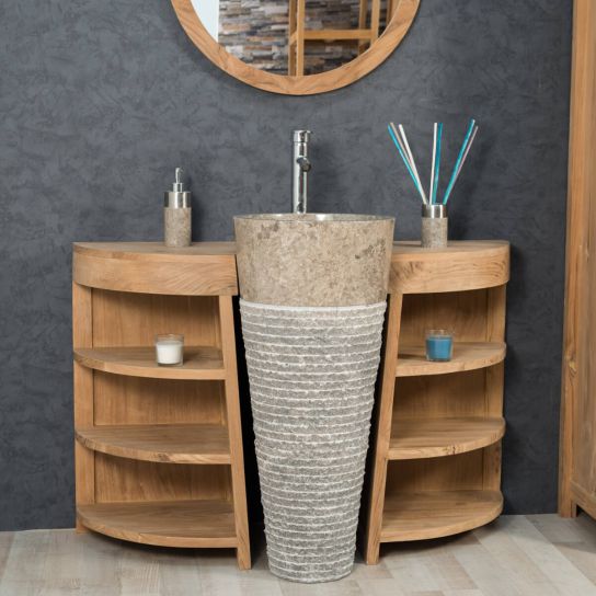 Meuble de salle de bain : meuble sous vasque (simple vasque) de salle de bain en bois exotique massif + vasque en pierre naturelle de la ligne Florence, rectangle, naturel + grise, L : 120 cm