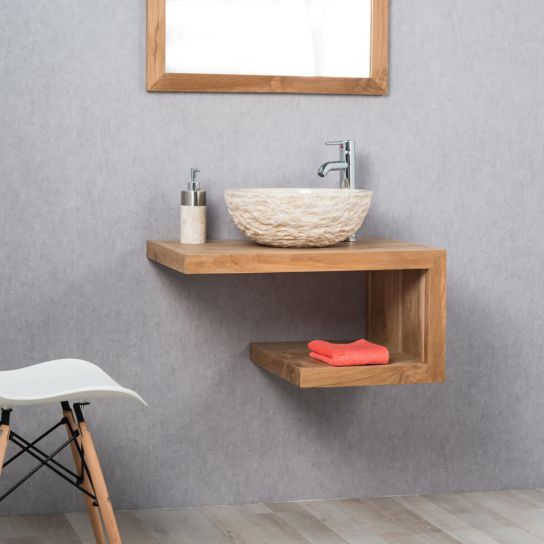 Meuble de salle de bain : meuble sous vasque (simple vasque) de salle de bain en bois exotique massif de la ligne Pure, rectangle, naturel, L : 70 cm