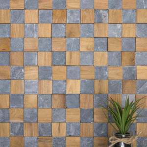 Square stone and teak wall cladding gray 55x20 cm