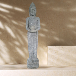 Statue en pierre volcanique bouddha debout bol offrande 150 cm