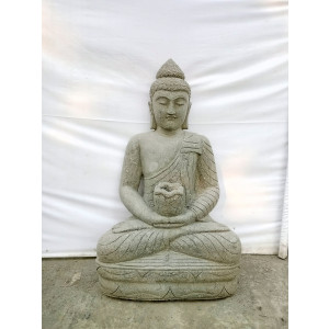 Statue jardin bouddha assis en pierre volcanique bol à offrande 100cm