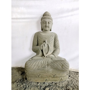 Statue jardin zen bouddha assis en pierre naturelle offrande et chapelet 1m20